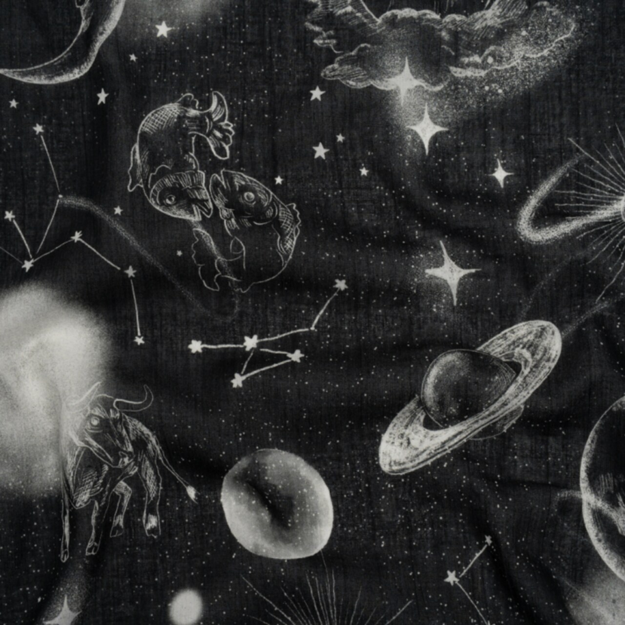 1 Yard Crinkled Cotton Gauzy Woven Black and White Sketches in Space Heavenly Horoscope Print